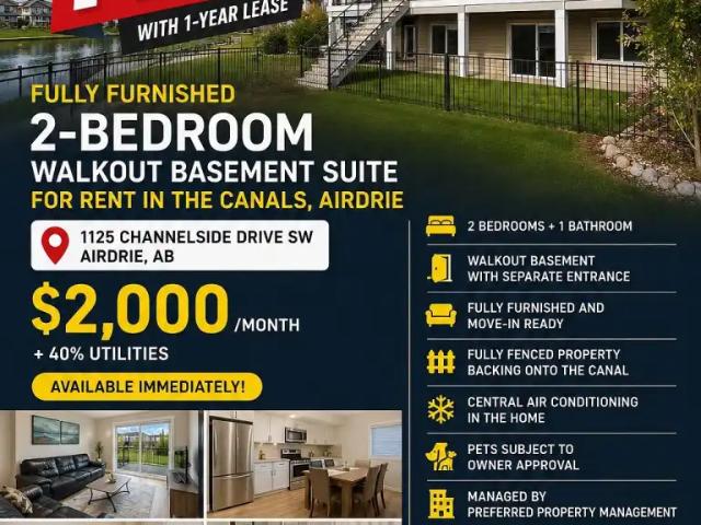 Fully Furnished 2 Bedroom Walkout Basement Suite for Rent in The Canals