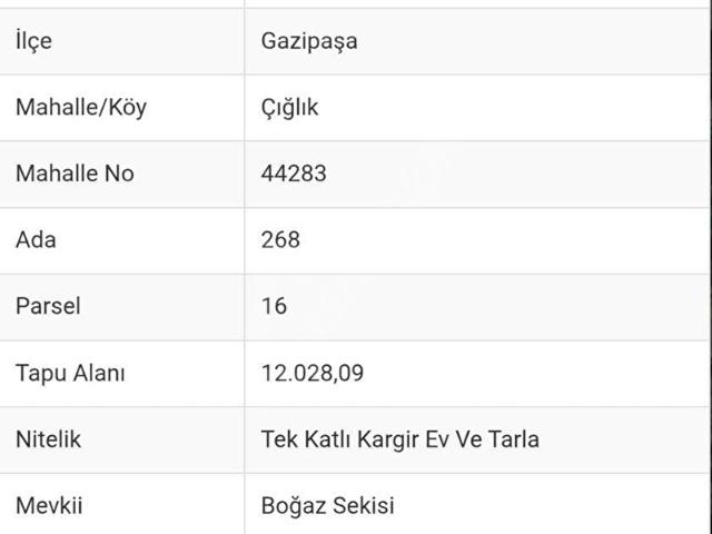 GAZİPAŞA ÇIĞLIK MAHALLESİNDE SATILIK TARLA