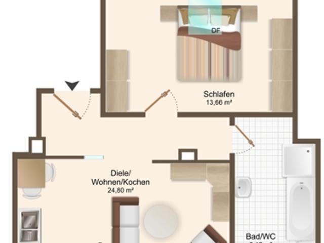 Gemütliche 2 Zimmer Wohnung im Dachgeschoss, mit Wanne & Dusche