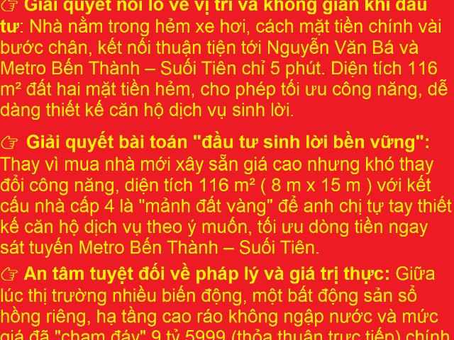 Giải pháp cho nhà đầu tư nhà phố Thủ Đức: 116 m² đất | Hẻm xe hơi 2 mặt tiền ngay trung tâm, chỉ