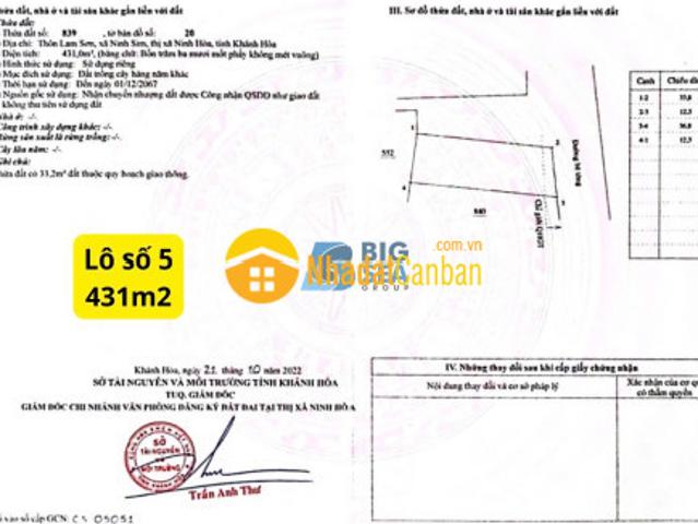 Giá nào cũng bán lô đất 431 m2 tại ninh hòa khánh hòa