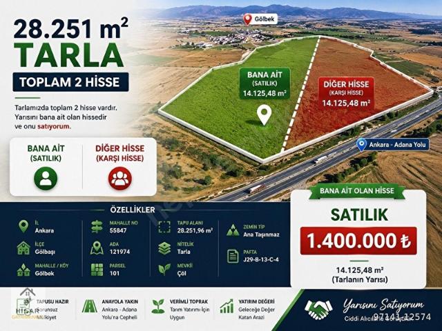 GÖLBAŞI GÖLBEKTE ADANA YOLU YANINDA SATILIK YATIRIMLIK TARLA