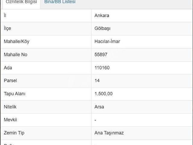 GÖLBAŞI HACILARDA 1500 m TEK TAPU VİLLA PARSELİ