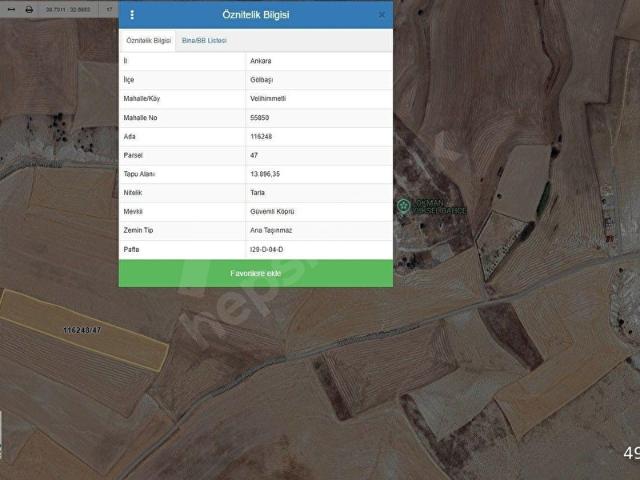 GÖLBAŞI VELİHİMMETLİ DE KÖY YAKINI 13.896M2 TEK TAPU TARLA