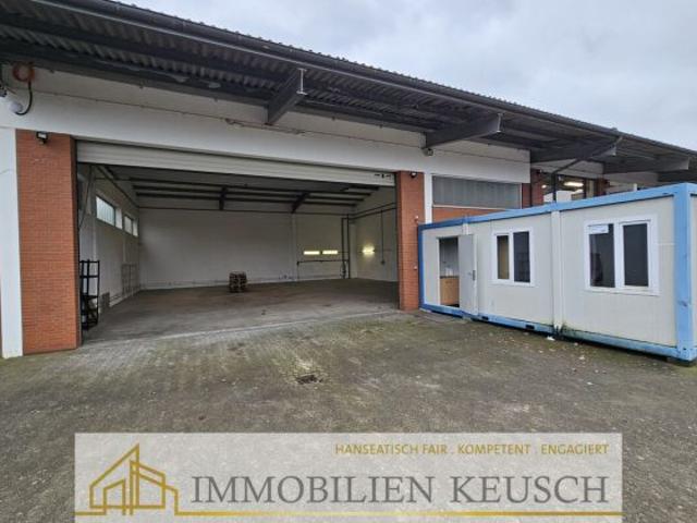 Große Lagerhalle mit elektr. Rolltor und Containerbüro in Gewerbegemeinschaft Nähe Autobahnauffahrt