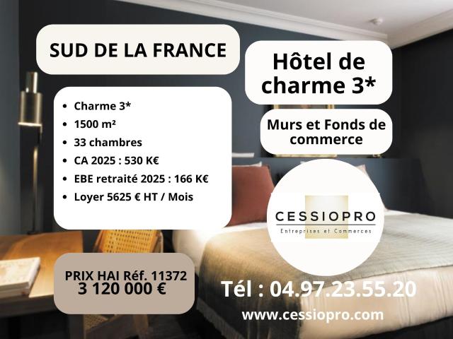 Hôtel de charme 3★ plus de 30 chambres Sud de la France Cession globale murs et fonds
