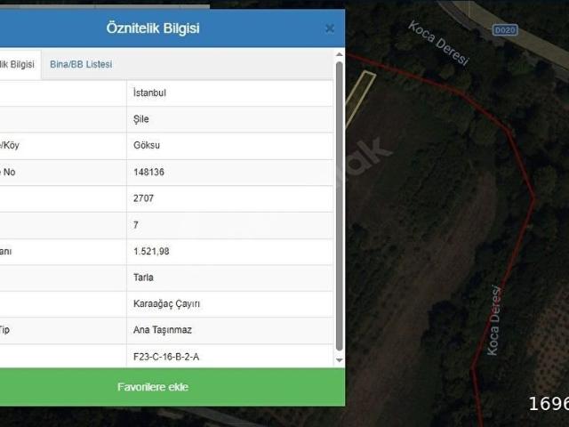 Şile Göksu Karaağaç Çayırı Mevki'nde Satılık 1521,98 m2 Tarla