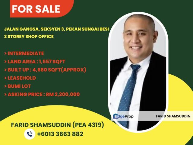 Jalan Gangsa, Seksyen 3, Pekan Sungai Besi, 3 Storey Office Lot For