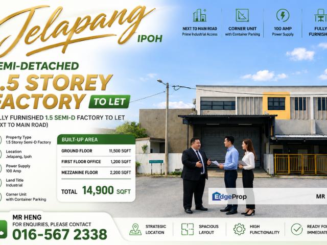 JELAPANG IPOH Semi Detached 1.5 Storey Factory To Let