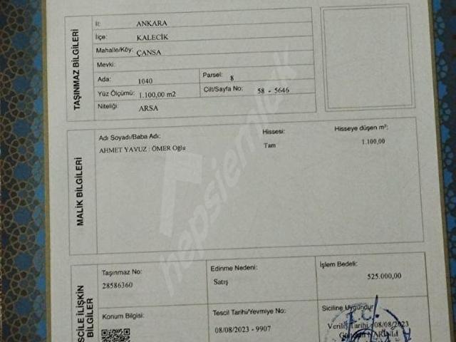KALECİK ÇANŞA DA VİLLA İMARLI ARSA SATILIK