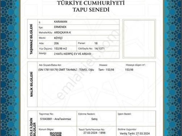 Karaman Ermenek 2 Katlı Ev Tapu Sahibi Perta Emlak Ümit Tahmaz