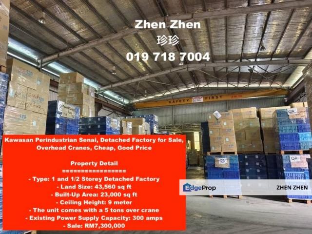 Kawasan Perindustrian Senai Fasa 3, Detached Factory for Sale, Overhead Cranes, Cheap, Good Price
