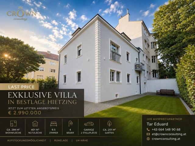 LAST PRICE – Exklusive Villa in Bestlage Hietzing | 9,5 Zimmer | ca. 294 m² Wohnfläche | 401 m² Nutzfläche | Garten | Garage | U4 Nähe | Aufstockungsmöglichkeit | Jetzt € 2.990.000
