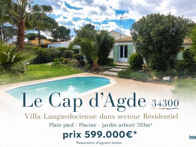 Le Cap d'Agde 34300 Villa plain pied de 4 pièces avec piscine, j