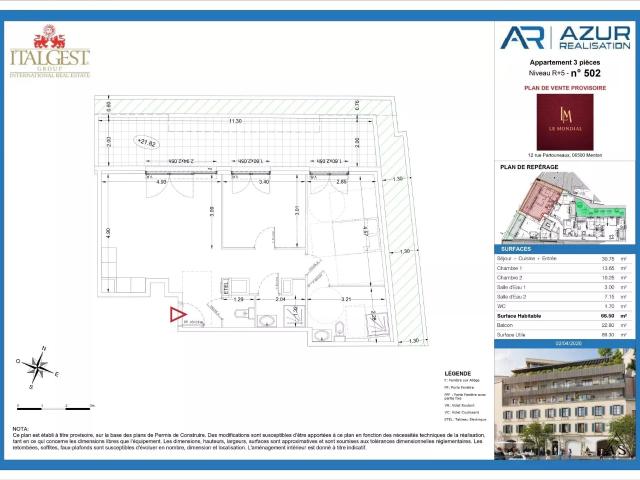 Le Mondial trois‑pièces de 66,50 m² au cinquième et avant‑de. 66m² Menton