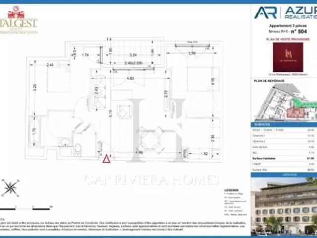 Le Mondial, trois pièces lumineux de 61,95 m², au cinquième étage, avec loggia ensoleillée et vue dégagée, au cœur le plus prestigieux de Menton