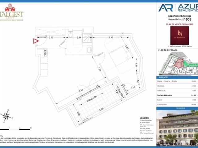 Le Mondial, vaste deux pièces de 51 m², au cinquième étage, avec terrasse ensoleillée, en position centrale et privilégiée