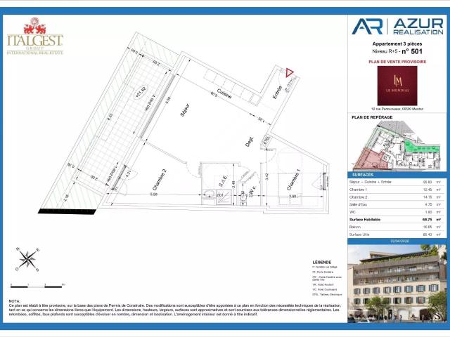 Le Mondial, vaste trois pièces de 68,75 m², au cinquième éta. 68m² Menton