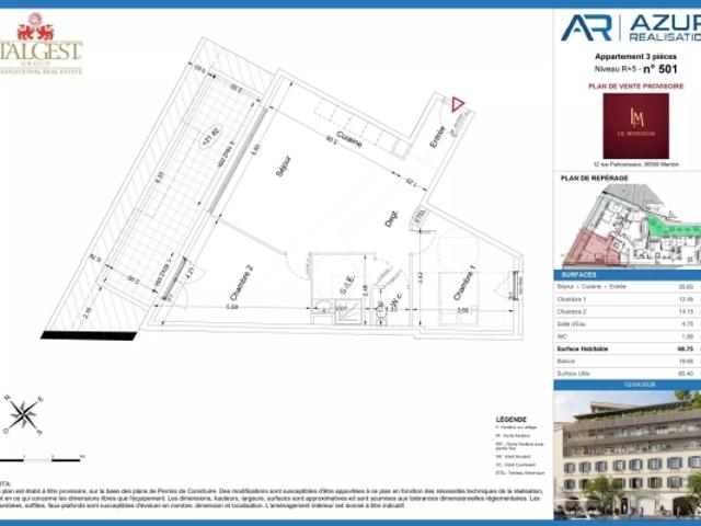 Le Mondial, vaste trois pièces de 68,75 m², au cinquième étage, avec terrasse de 16,65 m²