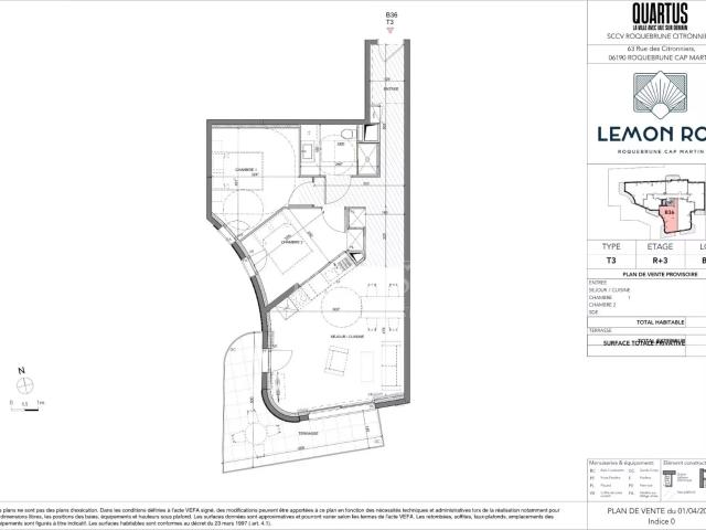 Lemon Roc – T3 B36 · 2ᵉ étage · 62,6 m² + terrasse 13,48 m² · Sud‑Ouest · 2 parkings