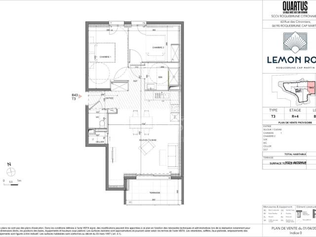 Lemon Roc – T3 B43 · 4ᵉ étage · 62,94 m² + terrasse · Sud‑Ou. 62m² Roquebrune Cap Martin