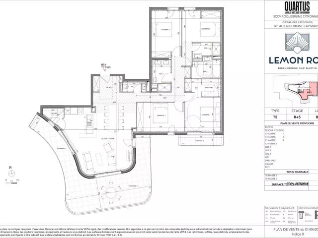 Lemon Roc – T5 B53 · Dernier étage · 124,71 m² + terrasses · Sud‑Ouest · Vue panoramique · 2 parkings