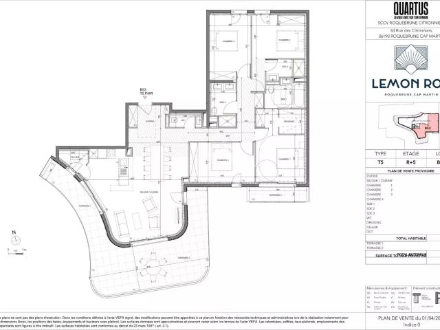 Lemon Roc – T5 B53 · Dernier étage · 124,71 m² + terrasses ·. 124m² Roquebrune Cap Martin