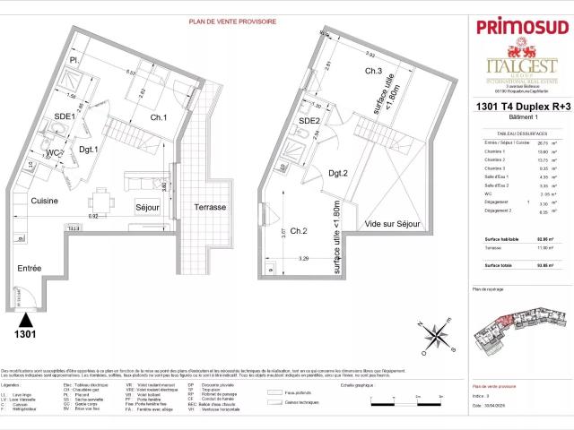 Lot 1301 – 4P duplex de 84,60 m² au dernier étage avec terra. 84m² Roquebrune Cap Martin