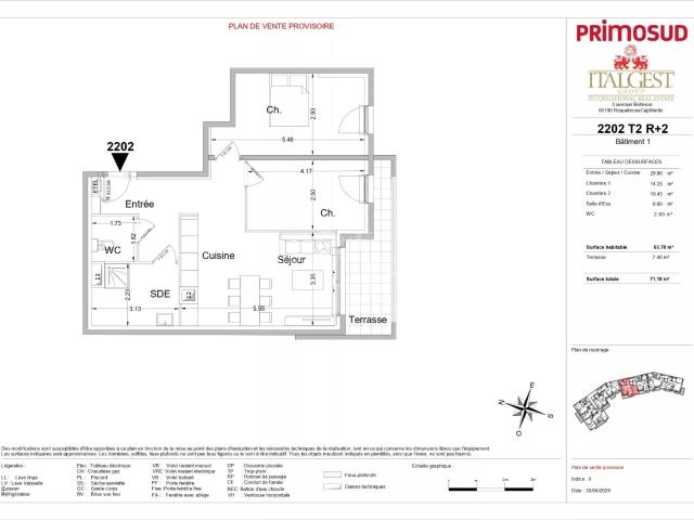 Lot 2202 – 3P de 63,70 m² au 2ᵉ étage avec terrasse vue mer. 63m² Roquebrune Cap Martin
