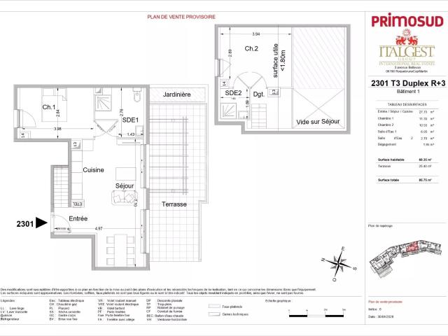 Lot 2301 – 3P de 60,35 m² au dernier étage, appartement dupl. 62m² Roquebrune Cap Martin