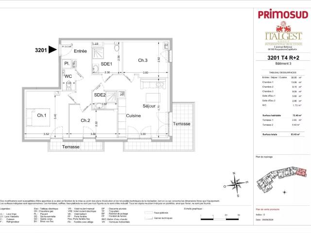 Lot 3201 – 4P de 73,22 m² au 2ᵉ étage avec terrasse et vue m. 72m² Roquebrune Cap Martin