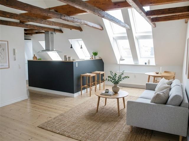 Lys 2 værelses taglejlighed på 99 m2 med synlige bjælker, elevator og husdyr tilladt, Aalborg, Nordjylland