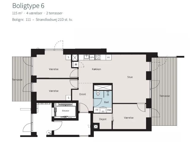 Lys 4 værelses stueplan med to terrasser