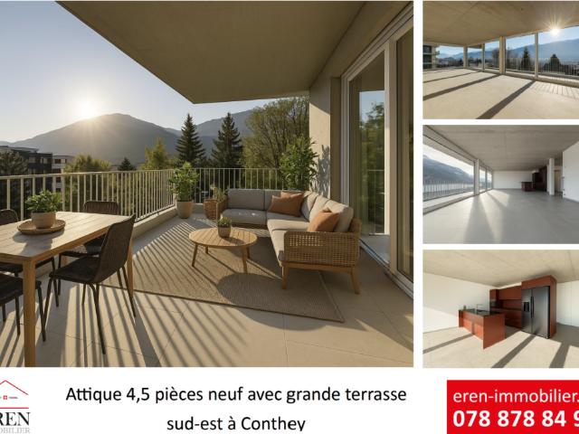 Magnifique attique 4.5 pièces neuf avec grande terrasse panoramique à Conthey lumineux et moderne