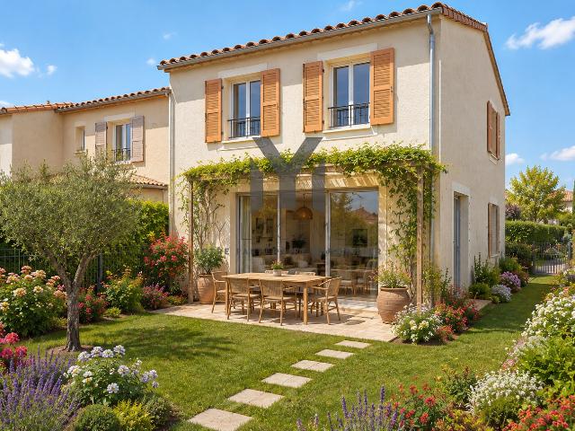 Maison contemporaine, jardin piscine commune
