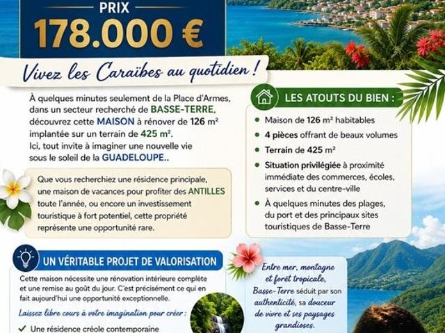 Maison à vendre 4 pièces BASSE TERRE 971 MAISON T4 proche. 126m² Basse Terre