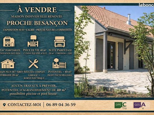 Maison individuelle 90 m² + sous sol – Prête à vivre, proche Recologne 15 minutes de Besançon