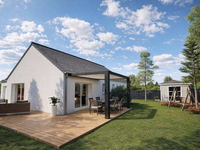 Maison plain pied en L avec 3 chambres, garage et porche d’entrée