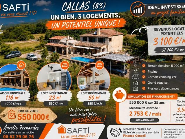 Maison T4+2 Lofts +Sous sol Grand Terrain 199m² Callas