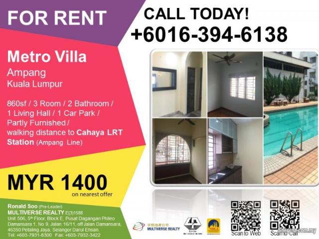 Metro Villa, Ampang Near LRT Station for RENT