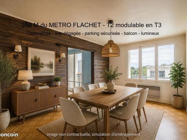 Métro FLACHET, T2 modulable en T3, commerces, vue dégagée, parking sécurisé, balcon, lumineux, libre de toute occupation. Idéal 1 er achat, pied à