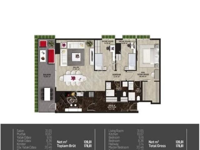 Mina Towers 3+1 Deniz Manzaralı Balkonlu