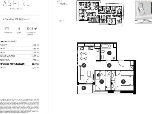 Mieszkanie na sprzedaż 3 pokoje Bydgoszcz Bocianowo Śródmieście Stare Miasto, 51,54 m2, 12 piętro