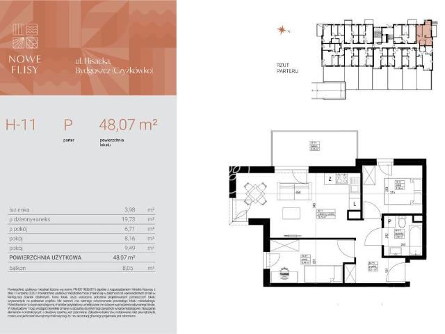 Mieszkanie na sprzedaż 3 pokoje Bydgoszcz Czyżkówko, 48,07 m2, parter