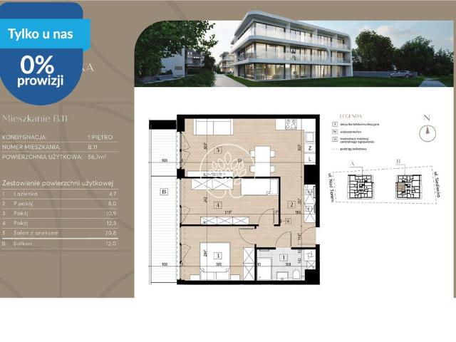 Mieszkanie na sprzedaż 3 pokoje Bydgoszcz Czyżkówko, 56,70 m2, 1 piętro