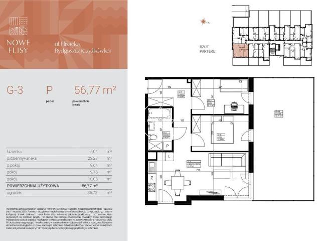 Mieszkanie na sprzedaż 3 pokoje Bydgoszcz Czyżkówko, 56,77 m2, parter
