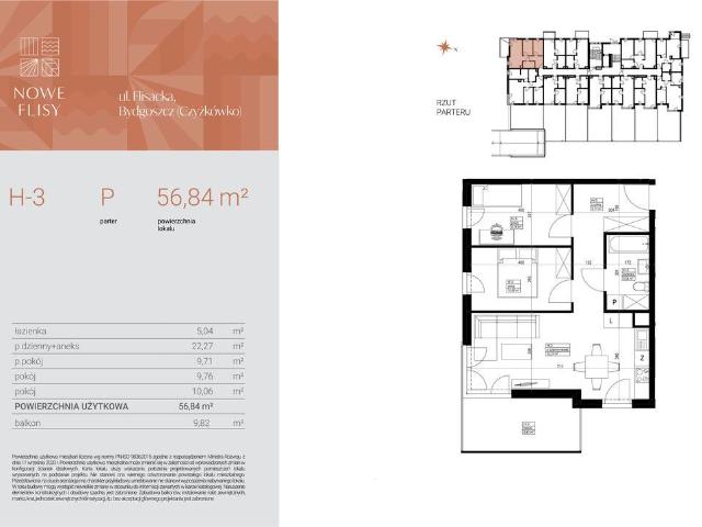 Mieszkanie na sprzedaż 3 pokoje Bydgoszcz Czyżkówko, 56,84 m2, parter