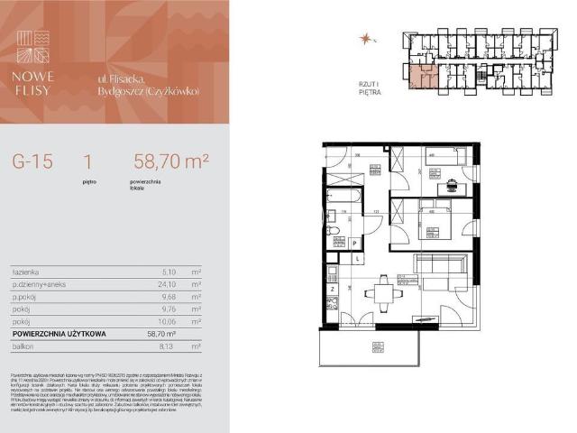 Mieszkanie na sprzedaż 3 pokoje Bydgoszcz Czyżkówko, 58,70 m2, 1 piętro