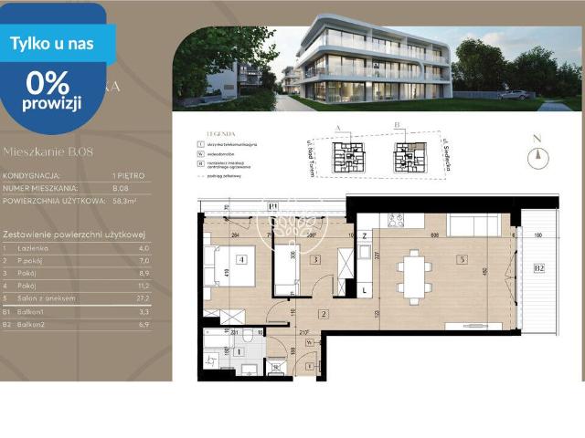 Mieszkanie na sprzedaż 3 pokoje Bydgoszcz Czyżkówko, 58,30 m2, 1 piętro