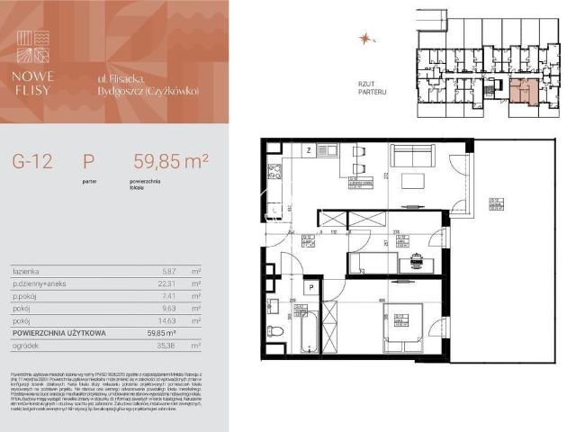 Mieszkanie na sprzedaż 3 pokoje Bydgoszcz Czyżkówko, 59,85 m2, parter